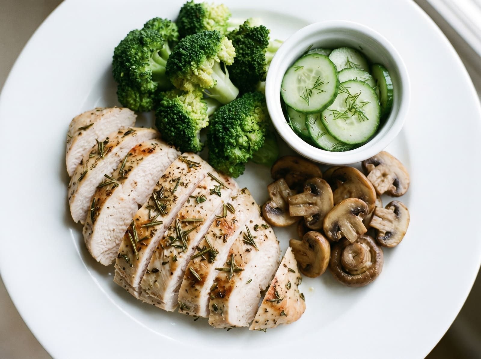 Dinde grillée aux herbes, brocolis, champignons et salade de concombre