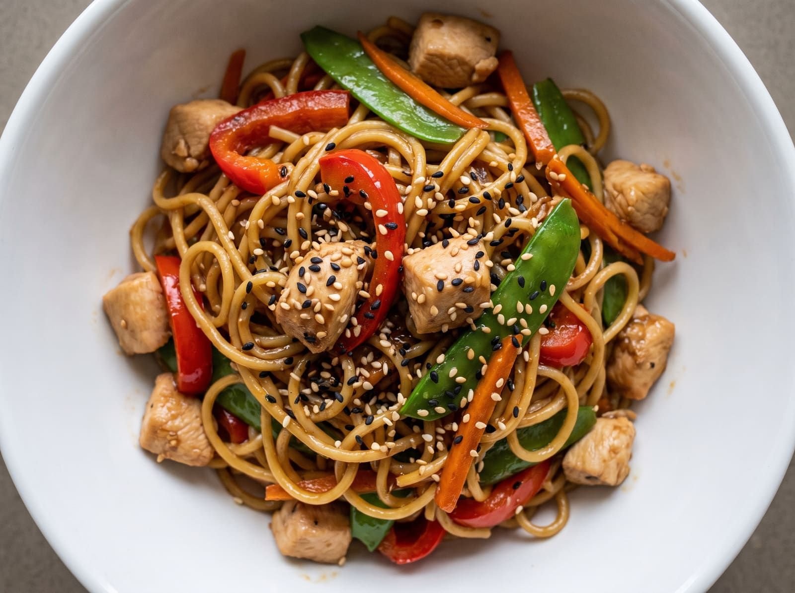 Nouilles sautées au poulet et aux légumes