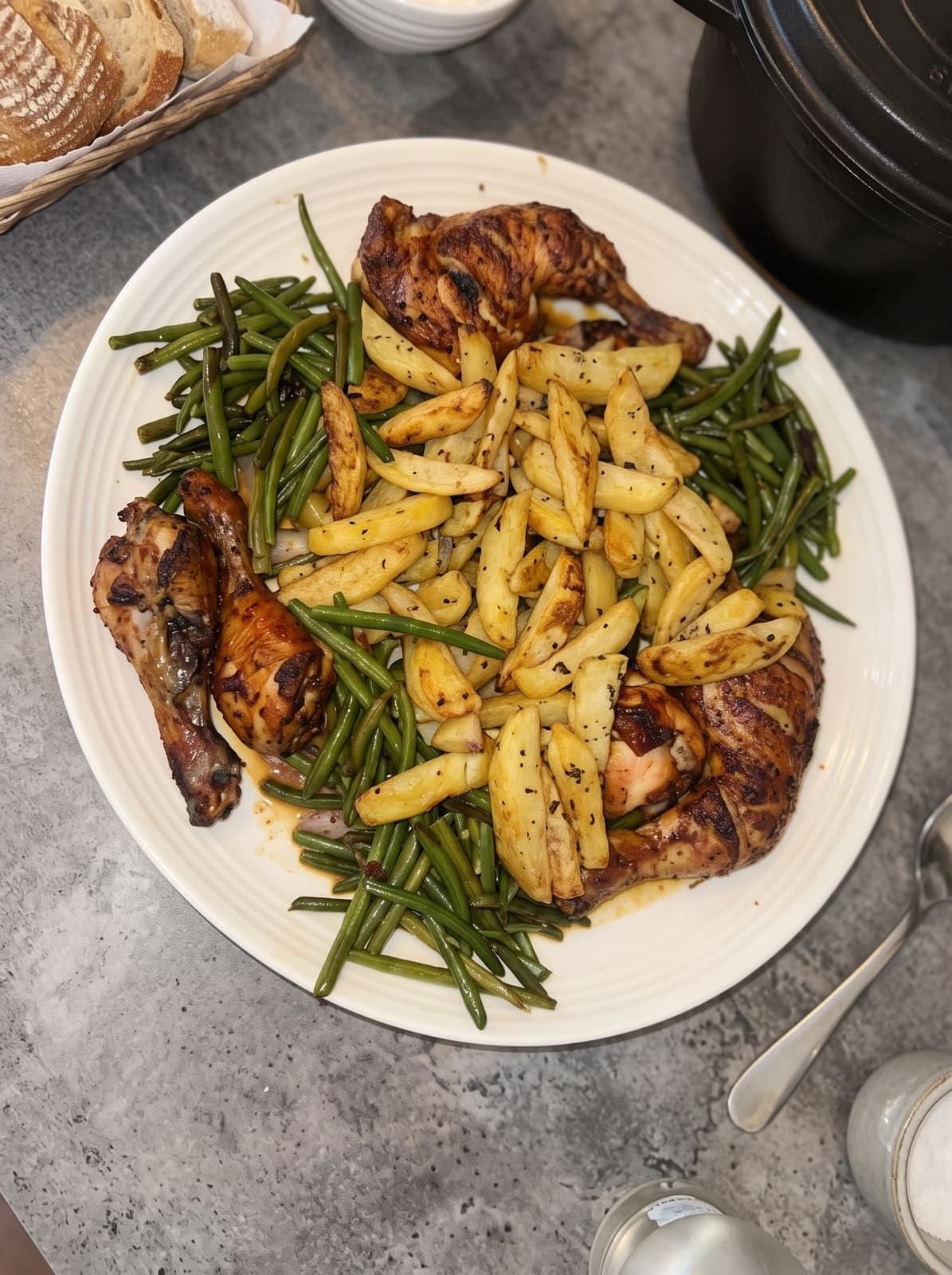 Poulet rôti, haricots verts et frites maison