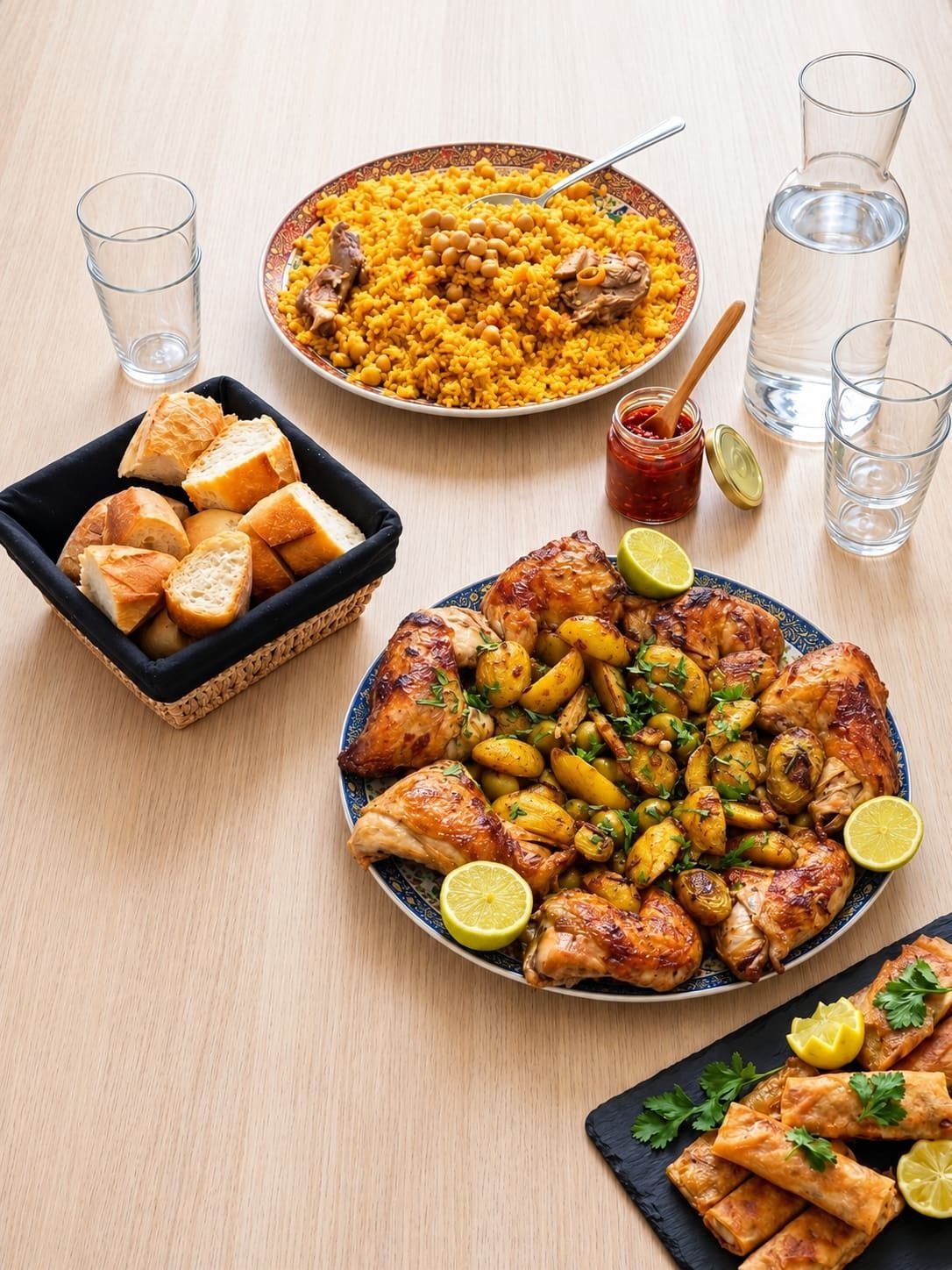 Table généreuse : riz aux pois chiches, poulet rôti et briouates