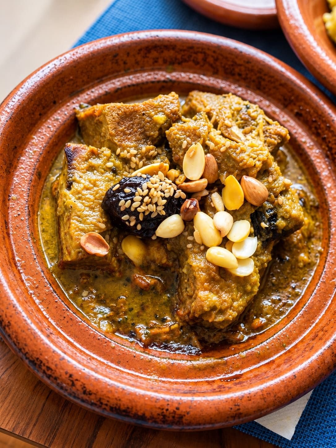 Tajine mijoté, sésame, amandes et dattes