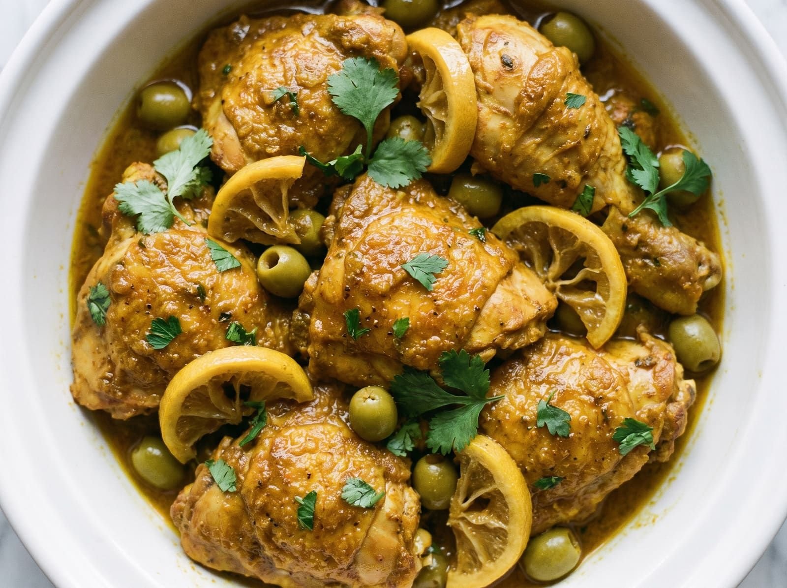 Tajine de poulet aux olives et citron confit