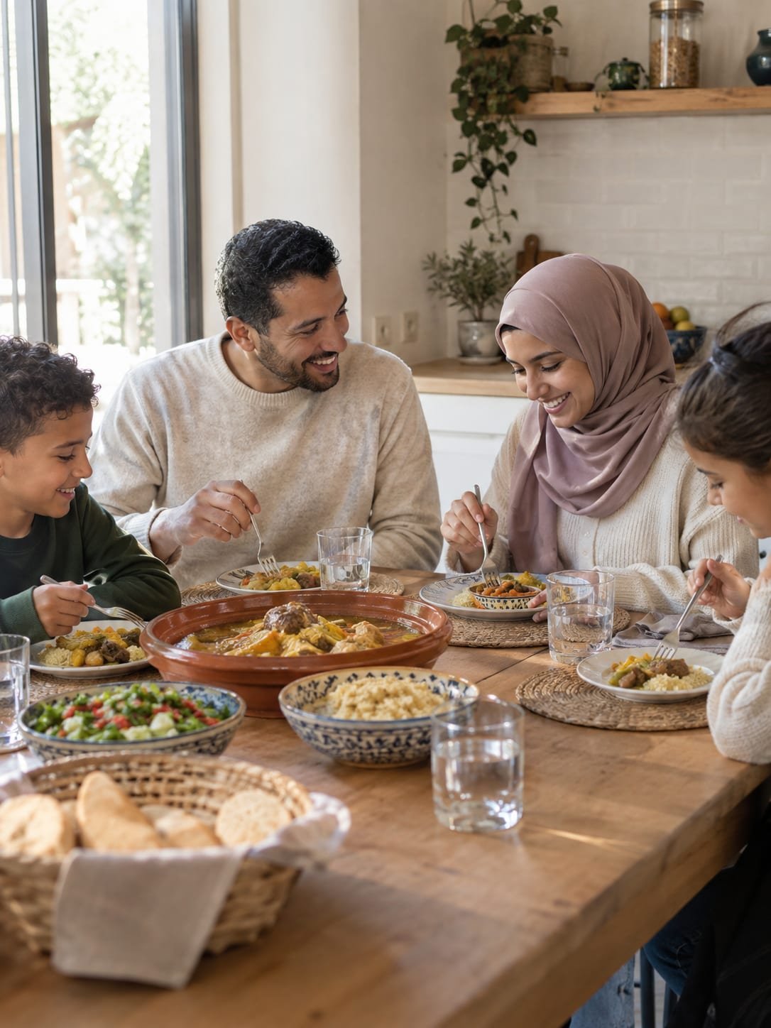 Famille de quatre, parents et enfants, partageant un repas fait maison à table