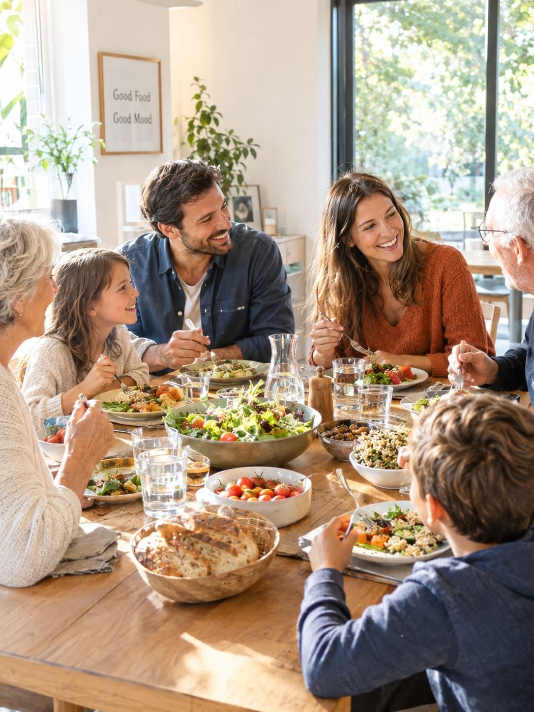 Repas en famille réunissant plusieurs générations autour de la table